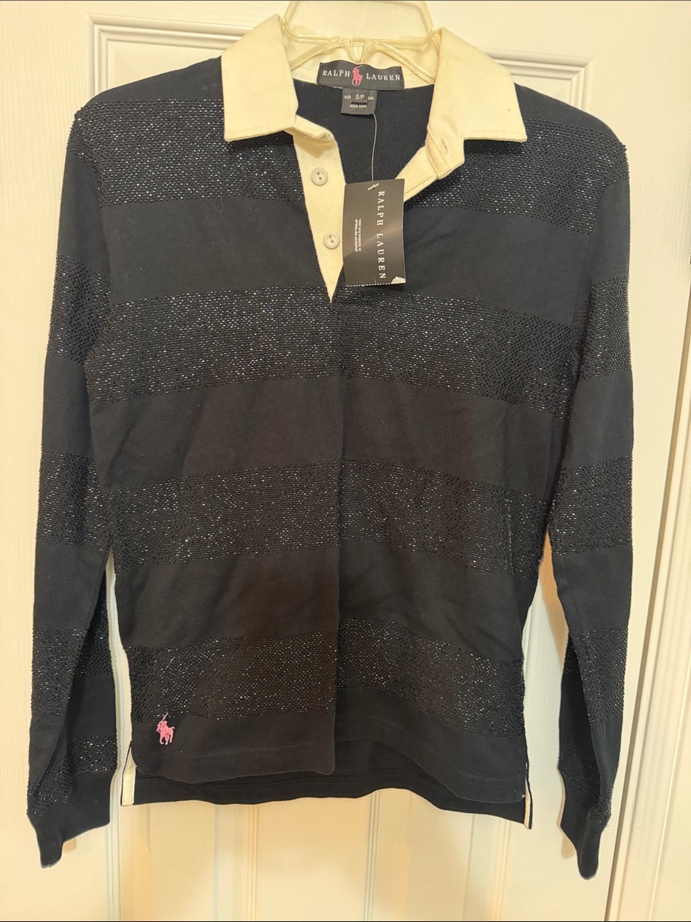 Ralph Lauren Black and Cream Striped V-Neck Polo Sweater with Pink Logo